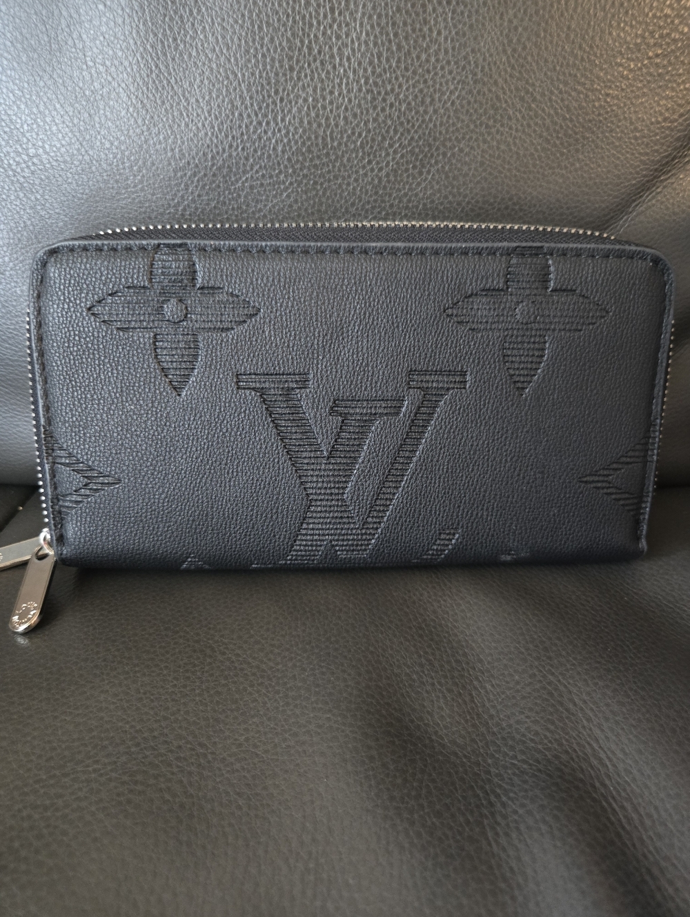 Black Embossed Monogram Double Zip-Around Wallet